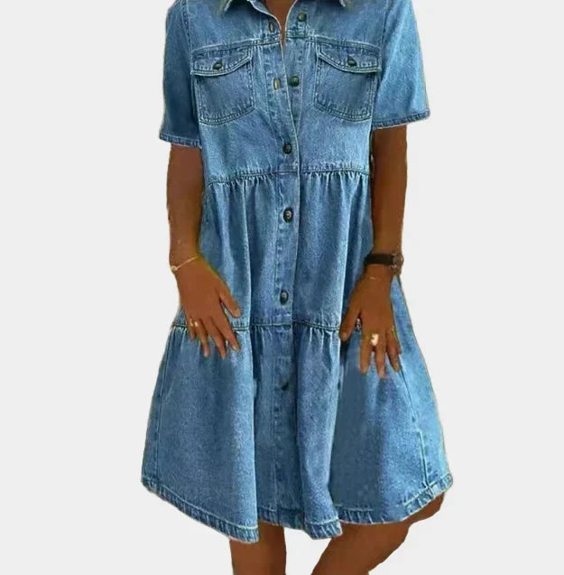 Boho Buttoned Short-Sleeve Denim Dress Dark Blue, studio photo
