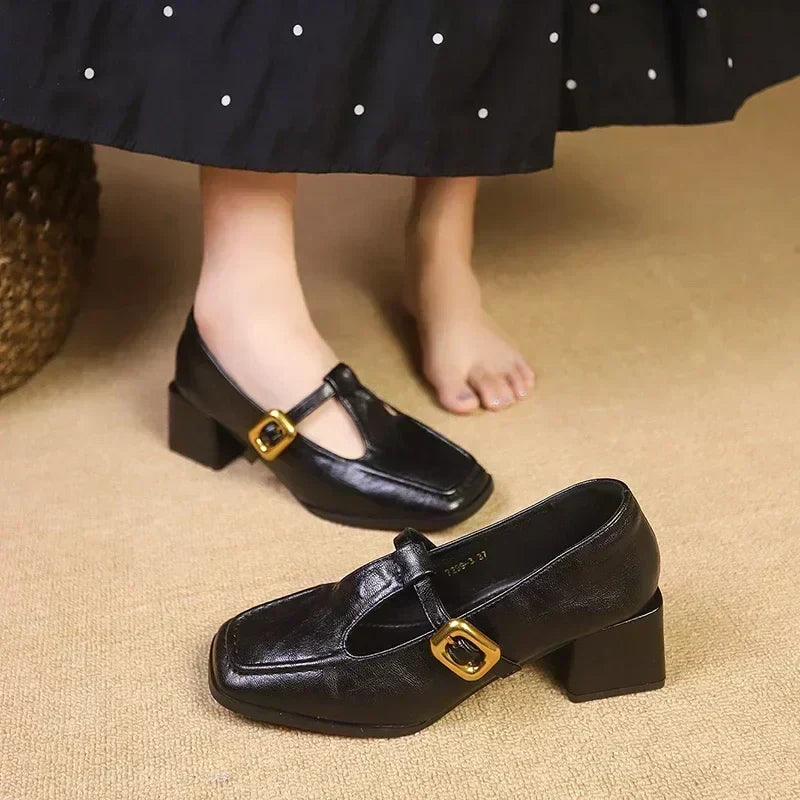 Block-Heel Leather Mary Janes
