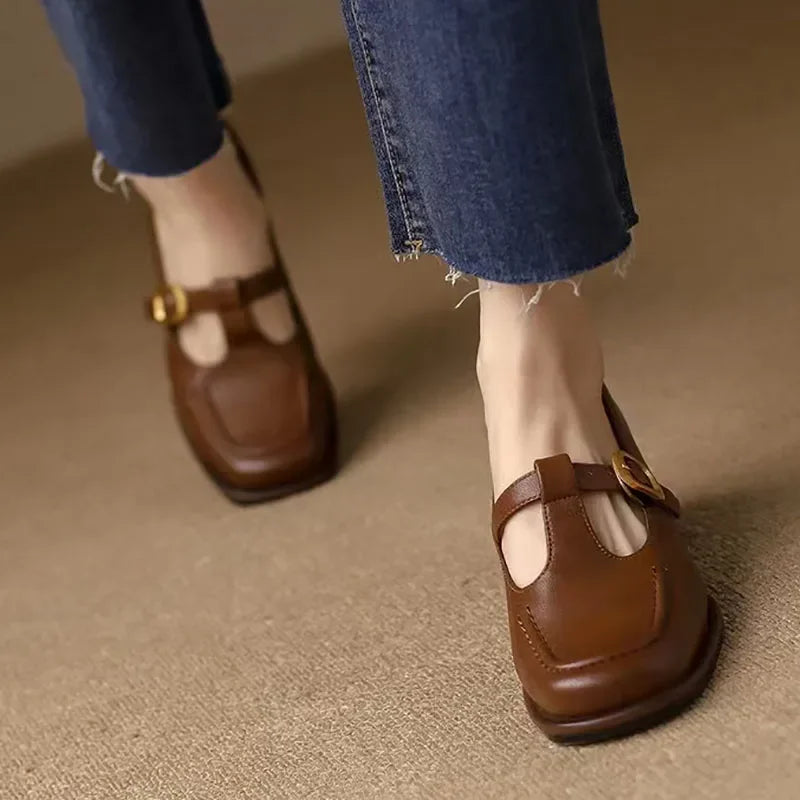 Vintage Square-Toe Leather T-Bar Shoes