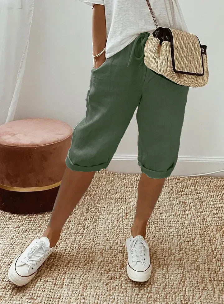 Aleah Elegant Linen-Cotton Trousers Army Green, photo studio