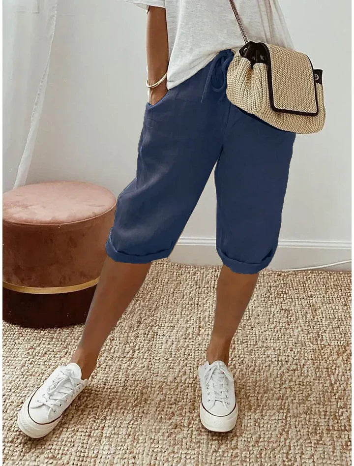 Aleah Elegant Linen-Cotton Trousers Dark Blue, photo studio