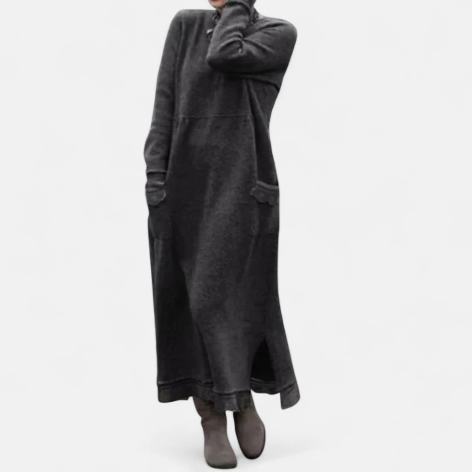 Clancy | Long Knit High-Neck Dress with Pockets Dark Grey, studio photo