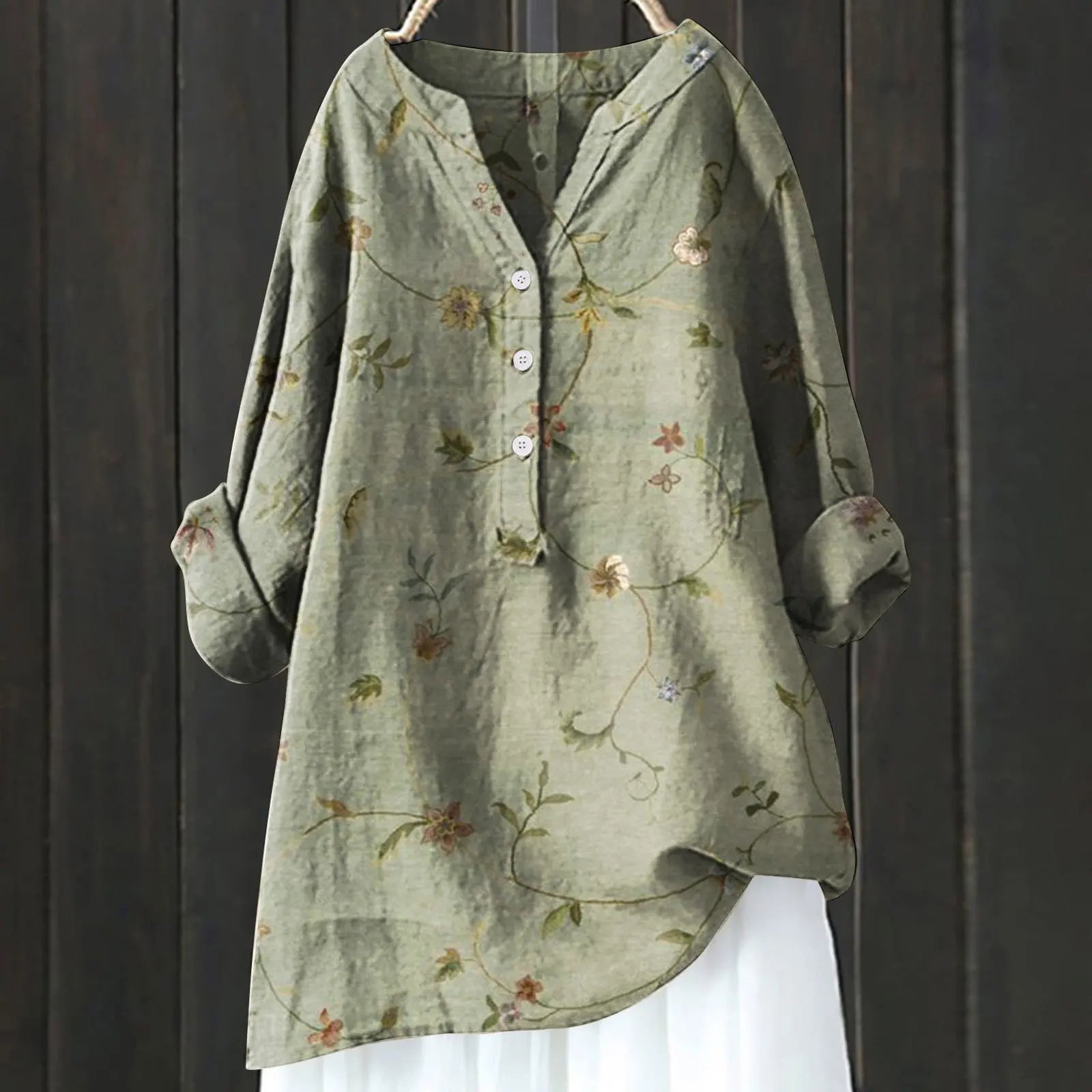 Susannah | Flowy Vintage Floral Blouse Army Green, studio photo