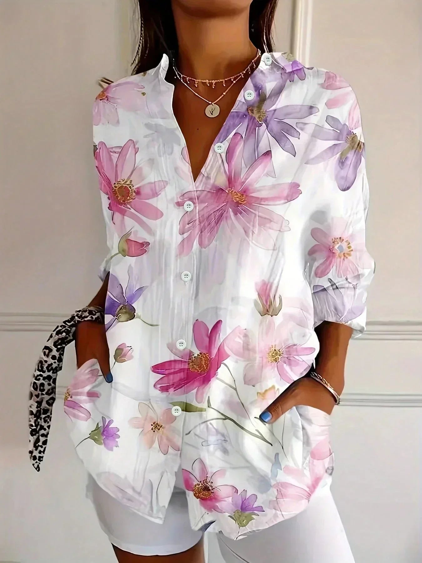 Rowena | Colourful Print Blouse White, studio photo