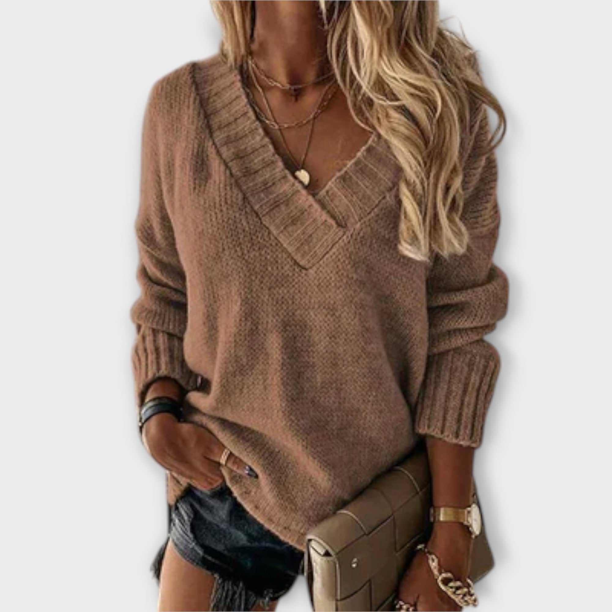 Cosy V-Neck Jumper Brown, studio photo