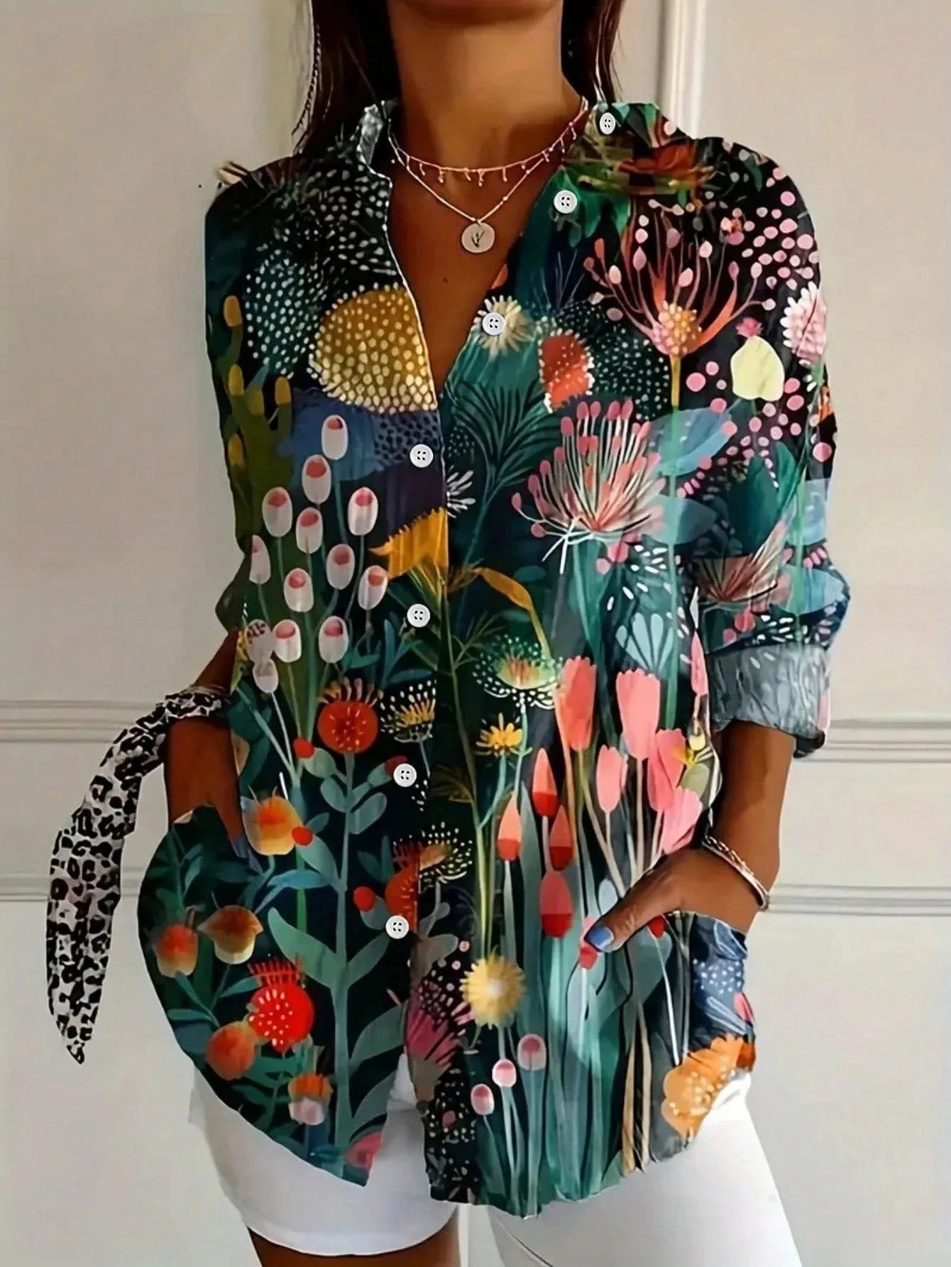 Rowena | Colourful Print Blouse Green, studio photo