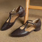 Braided-Strap Leather T-Bar Shoes