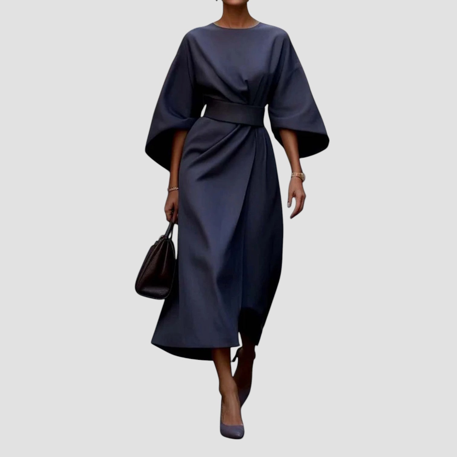 Mirabel | Belted Lantern Sleeve Dress Beige, studio photo