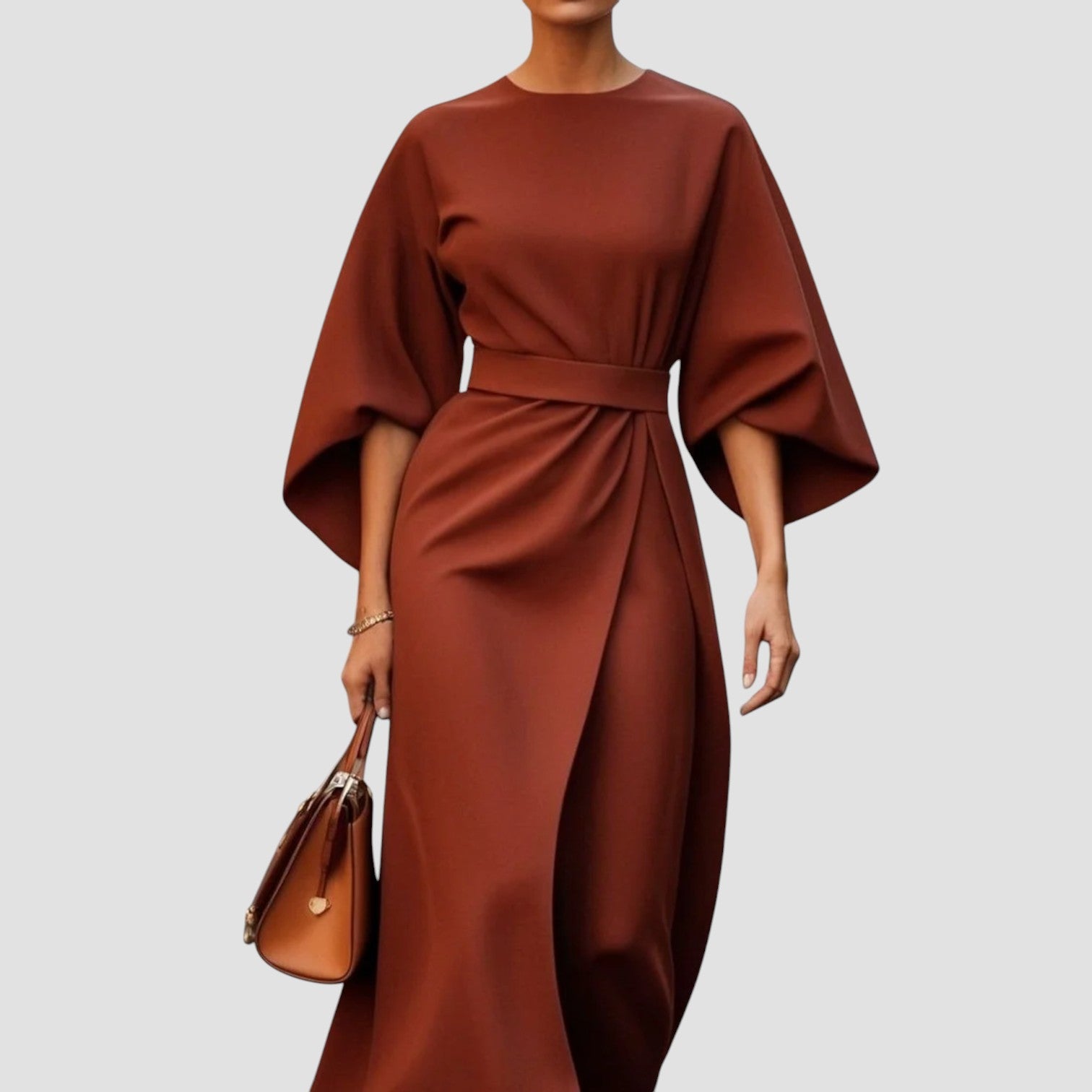 Mirabel | Belted Lantern Sleeve Dress Brown, studio photo