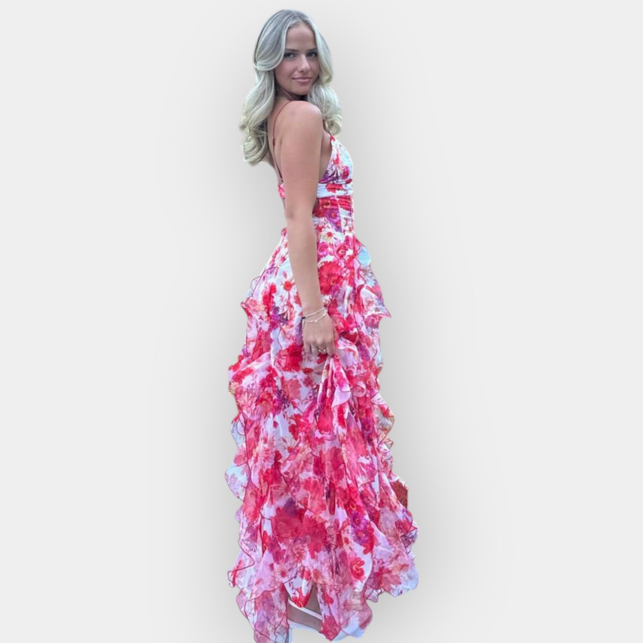 Maxi Dress with Ruffles Red, photo studio