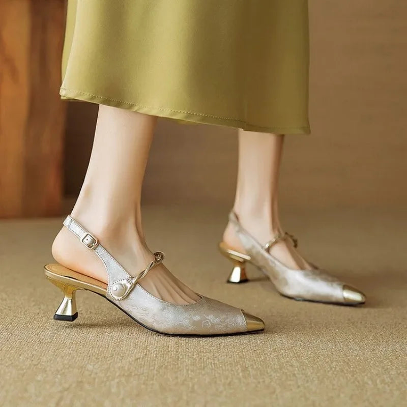 Pointed Velvet Pearl Pumps Beige, studio photo