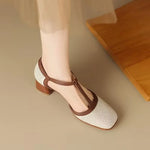Perforated Leather Heeled T-Bar Shoes