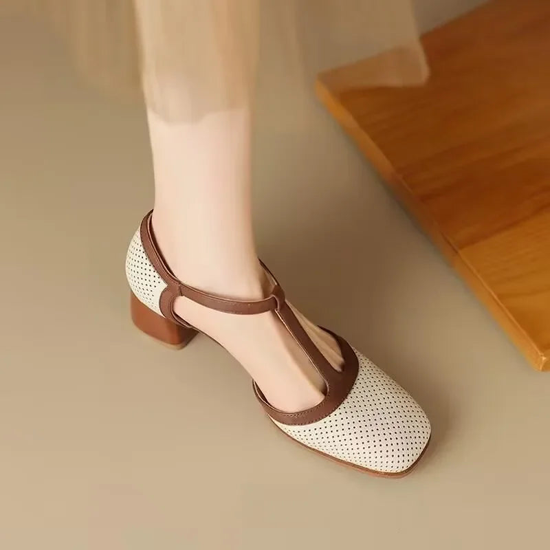 Perforated Leather Heeled T-Bar Shoes