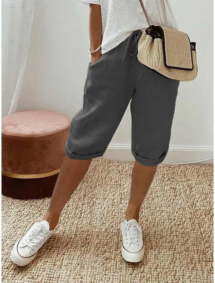 Aleah Elegant Linen-Cotton Trousers Dark Grey, photo studio