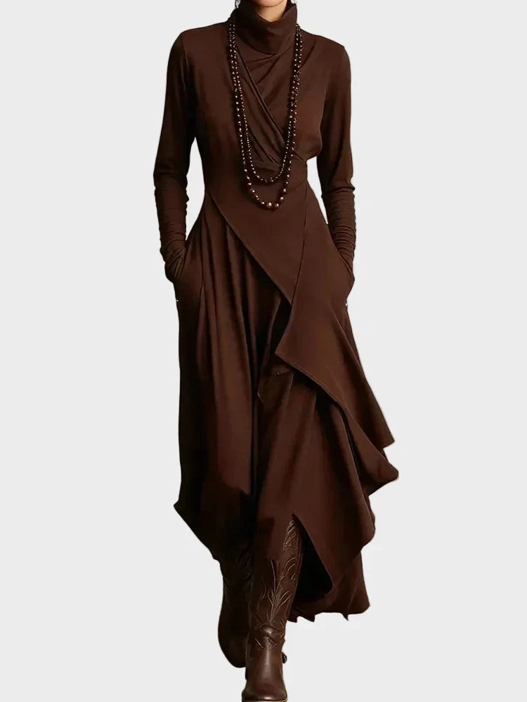 Tessie | Asymmetric Knit Turtleneck Maxi Dress Dark Brown, photo studio