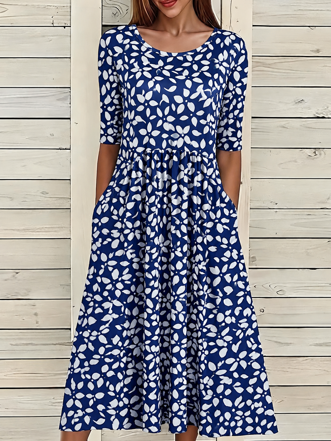 Albertine | Casual Floral Print Dress Dark Blue, studio photo