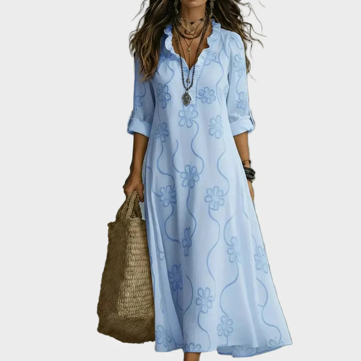 Sienna | Floral Summer Dress with Tummy Cover Light Blue, photo studio