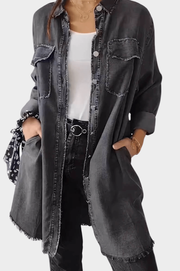 Buttoned Long-Sleeve Denim Shirt Dress Dark Grey, studio photo
