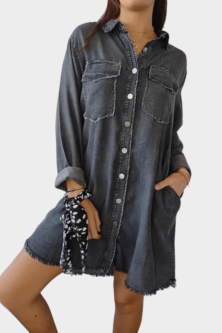 Buttoned Long-Sleeve Denim Shirt Dress
