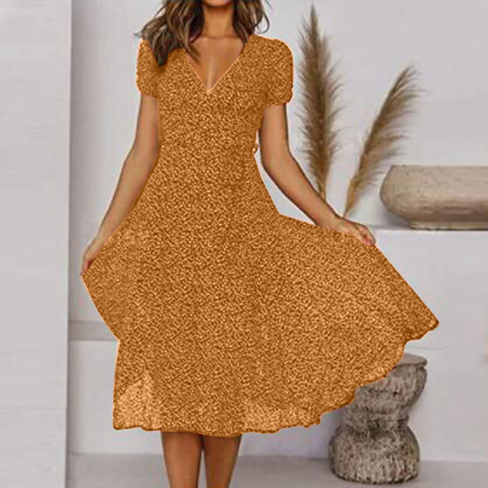 Averil | On-Trend Casual V-Neck Dress Yellow, studio photo