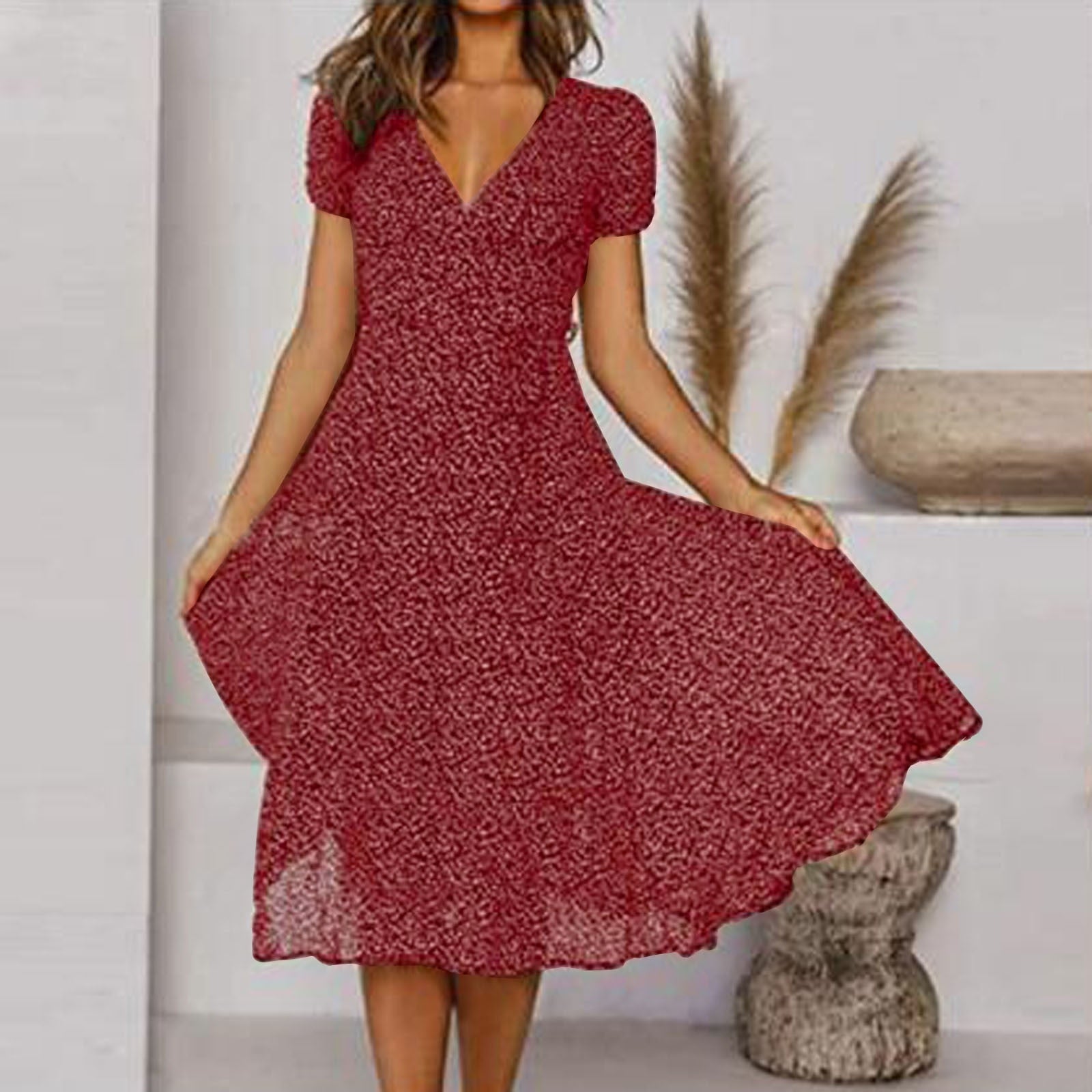Averil | On-Trend Casual V-Neck Dress Bordeaux Red, studio photo