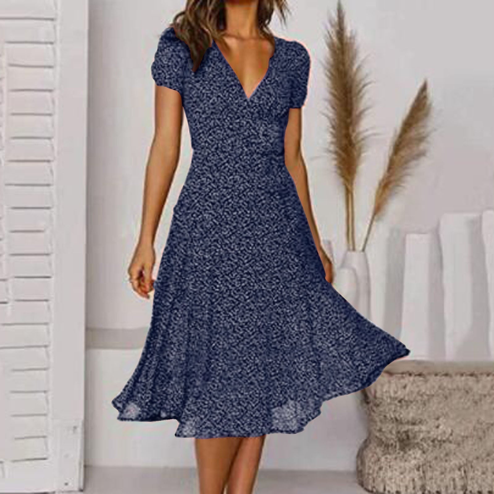Averil | On-Trend Casual V-Neck Dress Navy Blue, studio photo