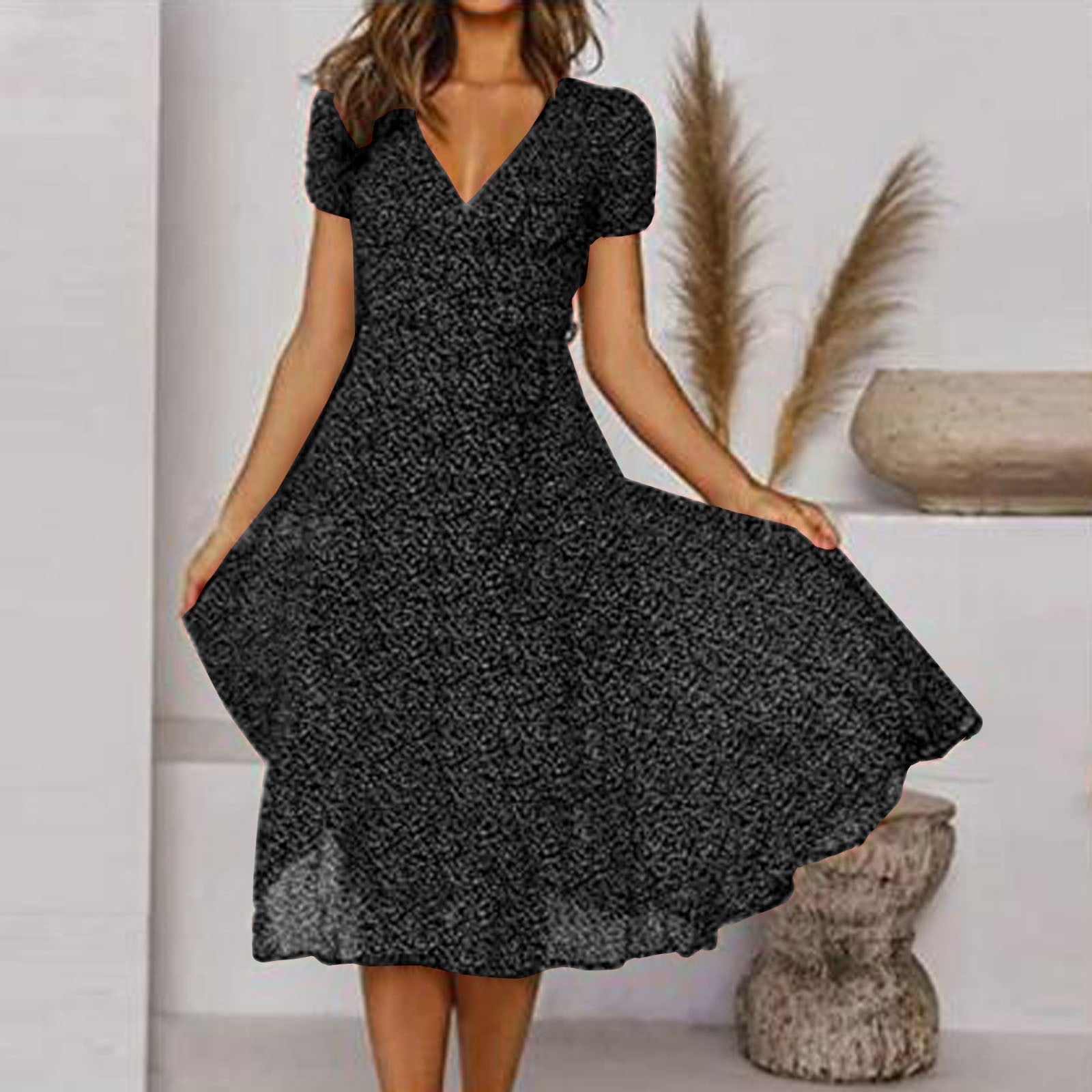 Averil | On-Trend Casual V-Neck Dress Black, studio photo