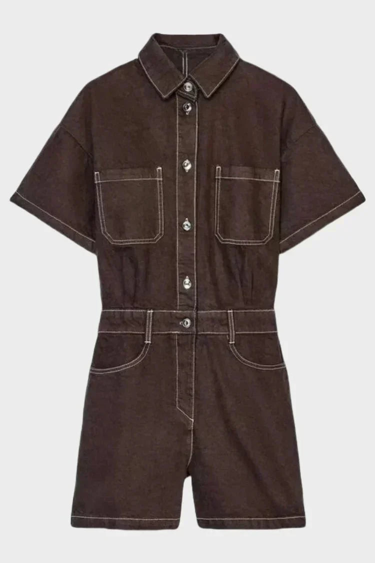 Buttoned Denim Short Overalls