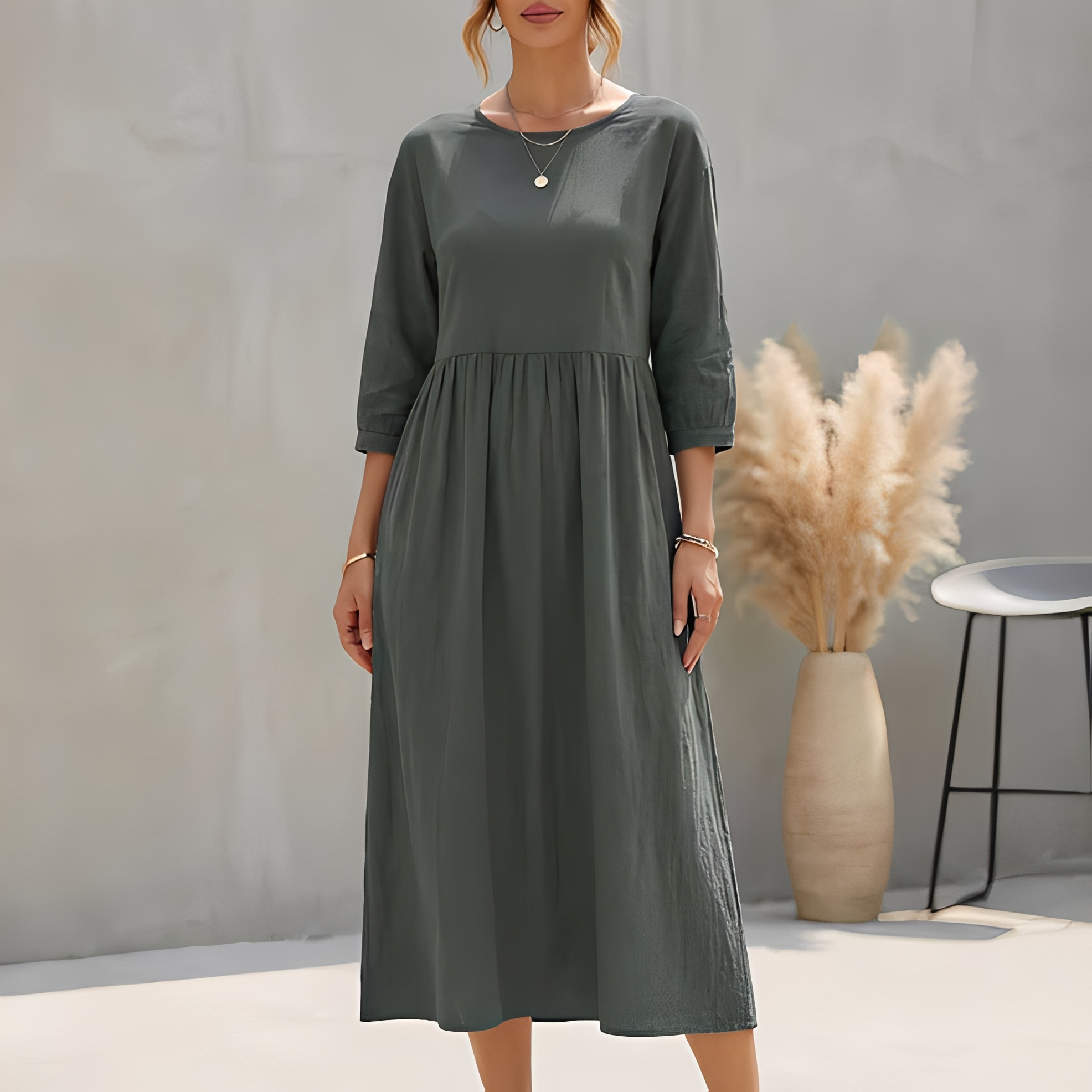 Marietta | Flowy Summer Midi Dress Grey, studio photo