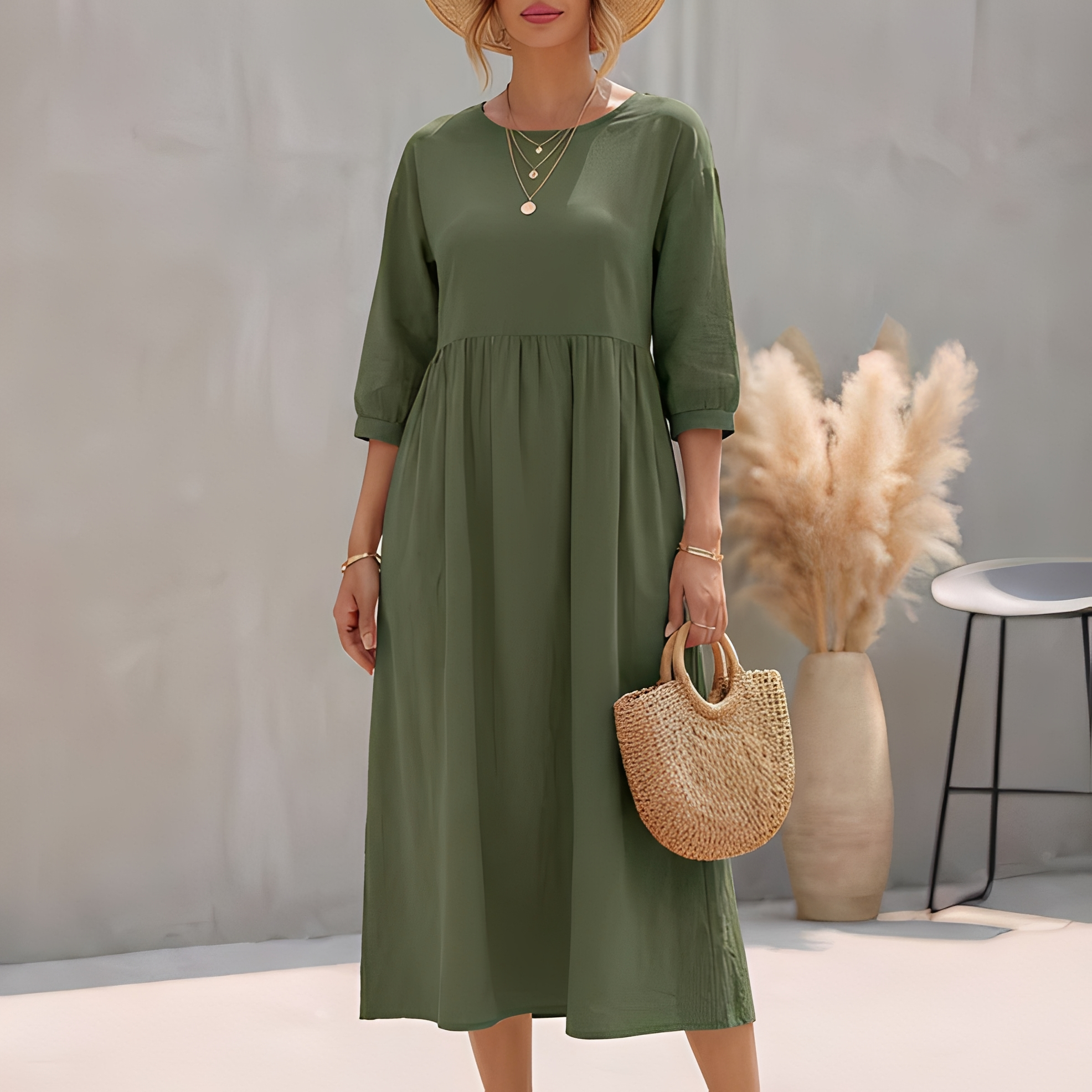 Marietta | Flowy Summer Midi Dress Green, studio photo