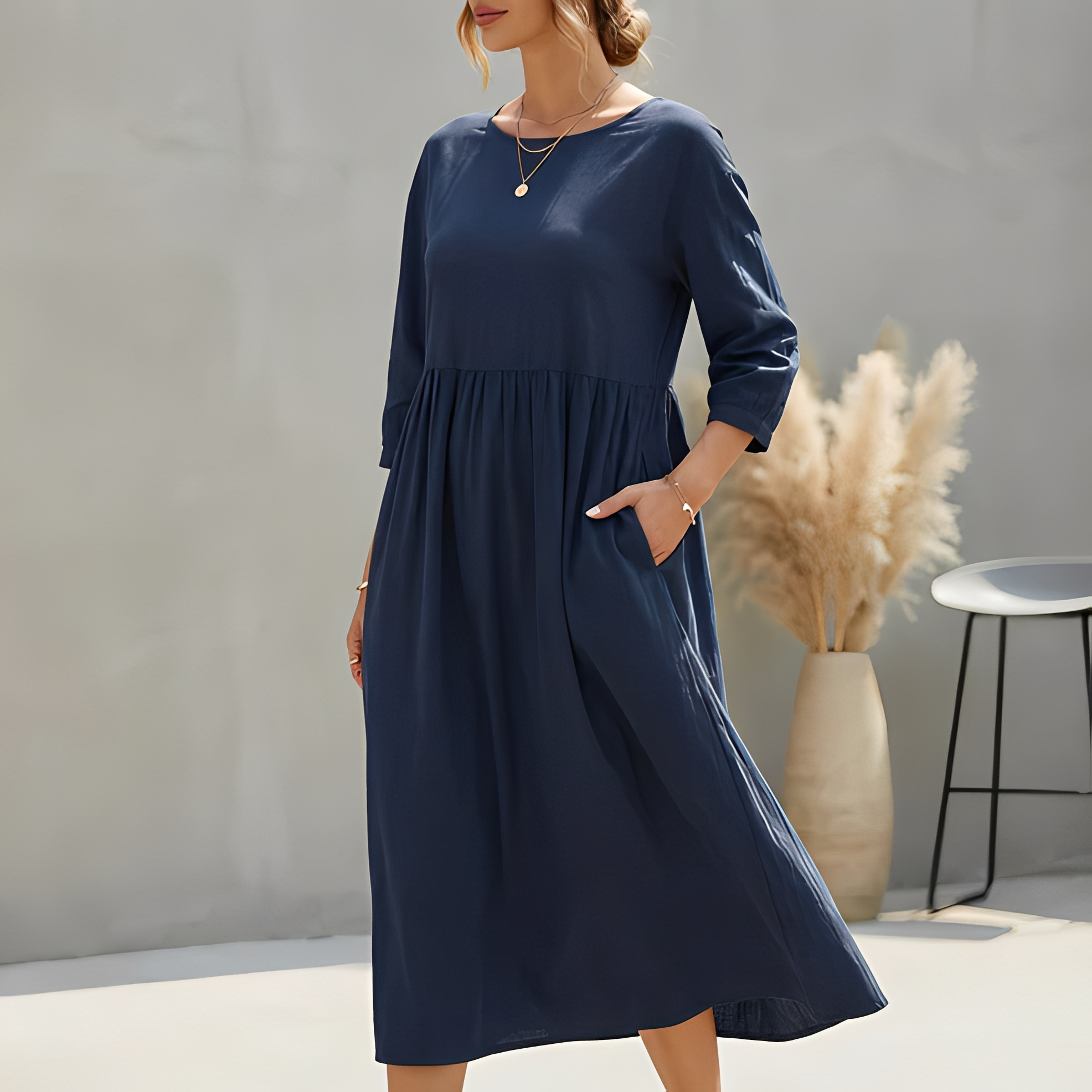 Marietta | Flowy Summer Midi Dress Dark Blue, studio photo