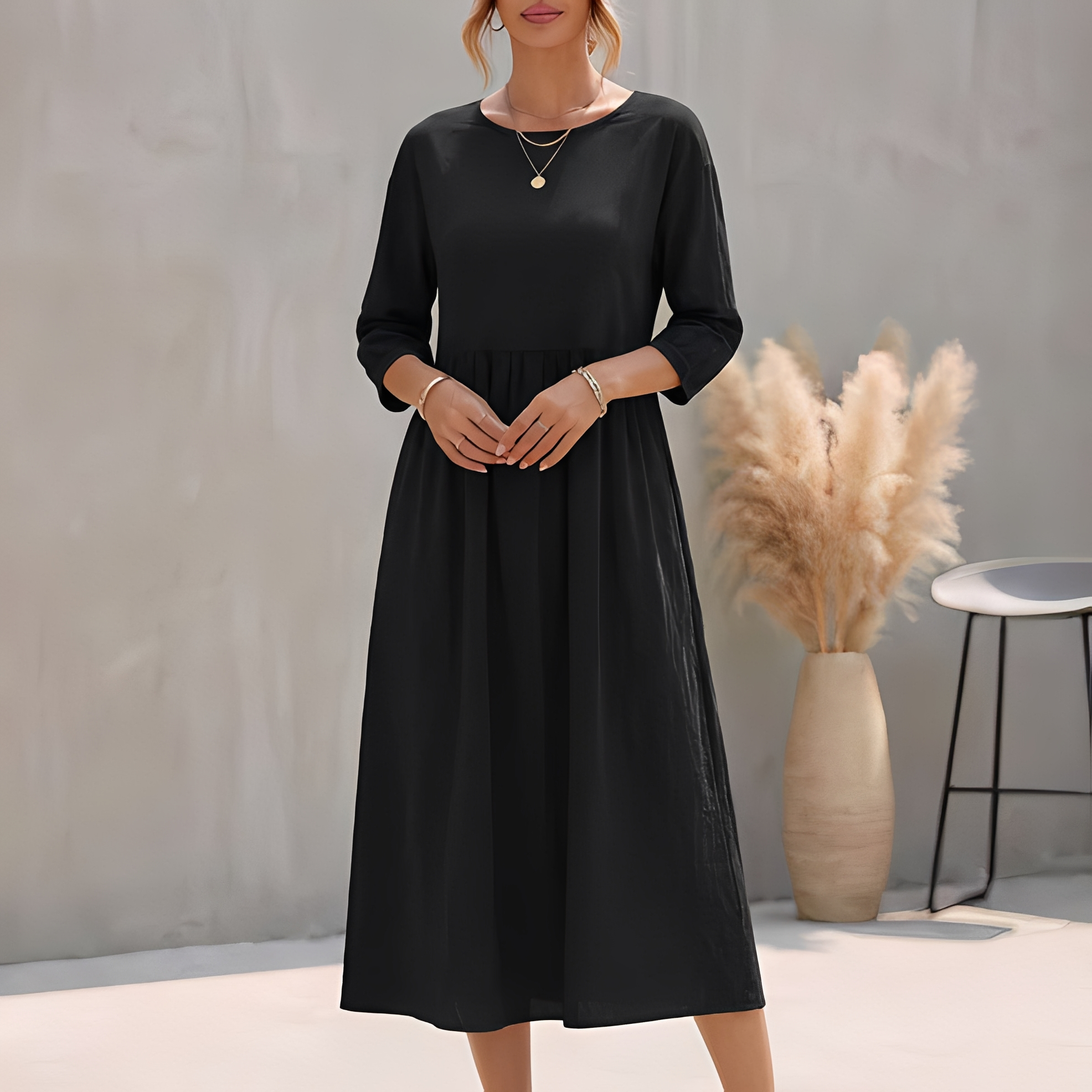 Marietta | Flowy Summer Midi Dress Black, studio photo