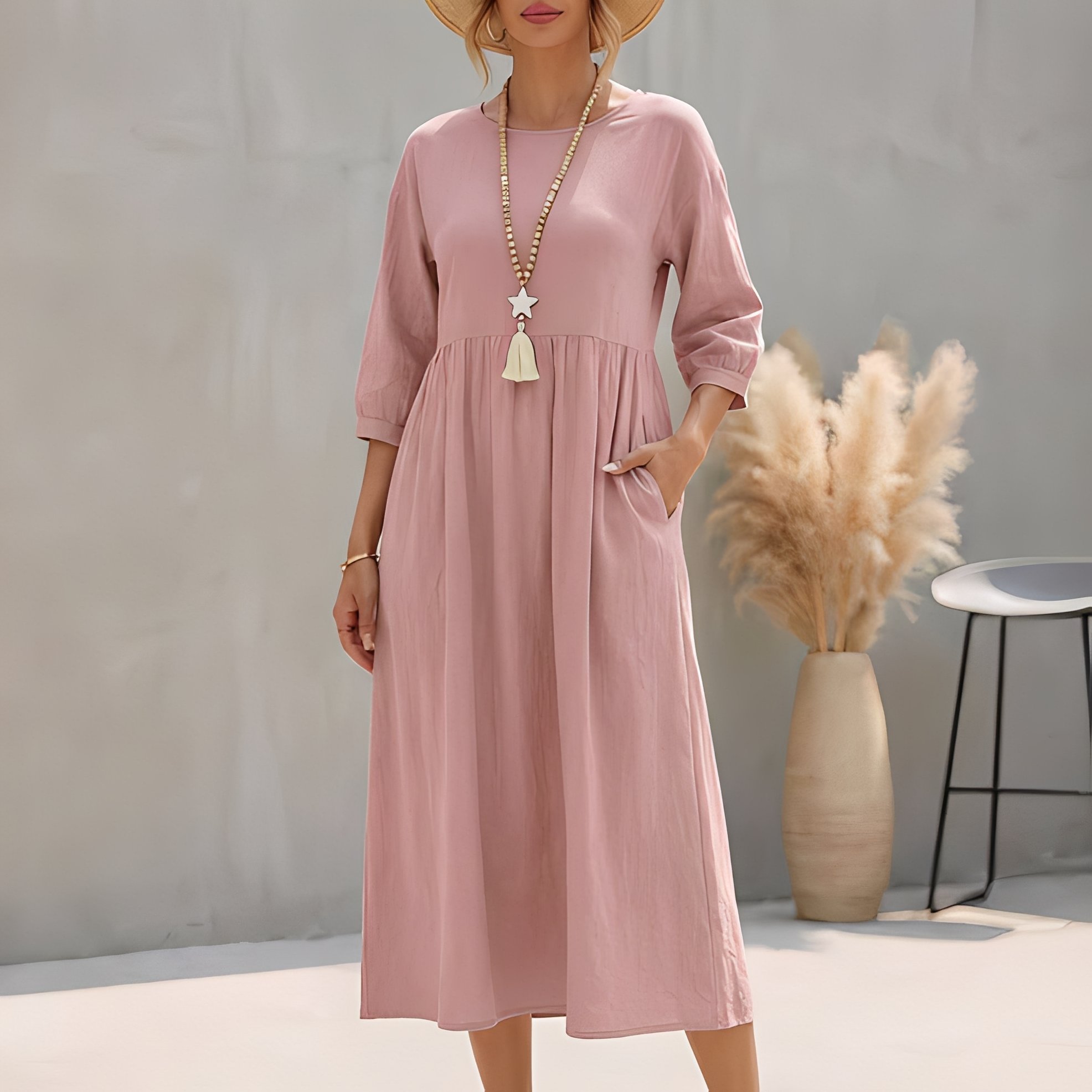Marietta | Flowy Summer Midi Dress Pink, studio photo
