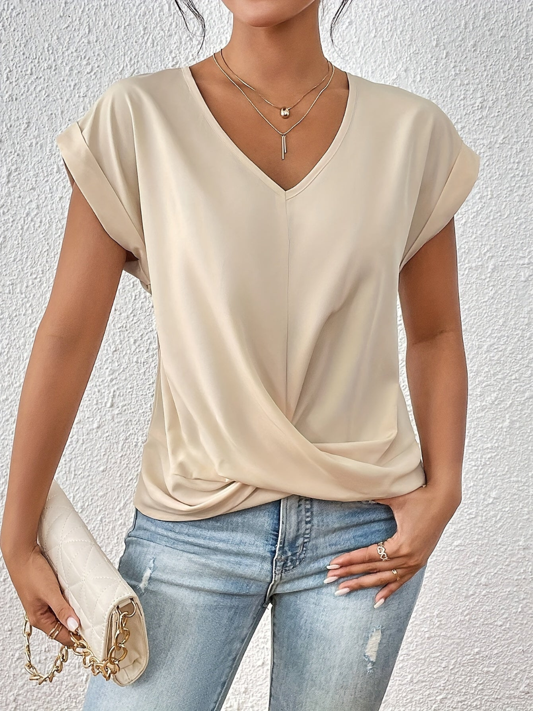 Sybil | Soft V-Neck Top Apricot, studio photo