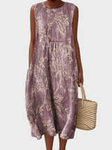Jennifer | Sleeveless Midi Dress with Ornamental Flowers and Leaves