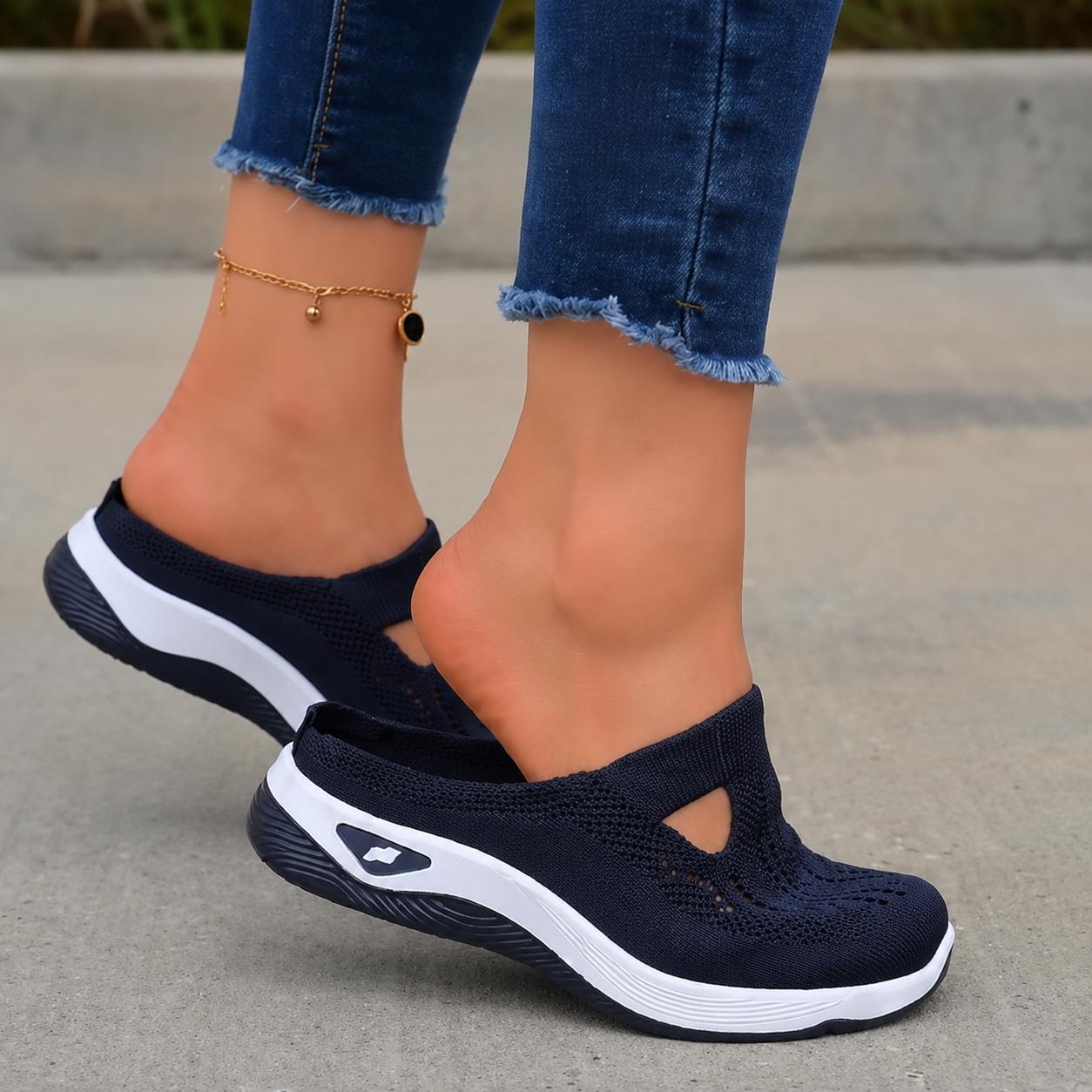 Rosalind | Mesh Slip-On Mules with a Cushioned Air Sole Navy, photo studio