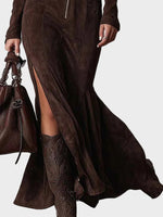 Adeline | Belted Brown Suede Maxi Dress with Zip