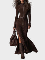 Adeline | Belted Brown Suede Maxi Dress with Zip