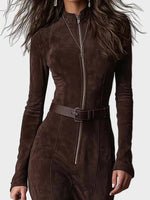 Adeline | Belted Brown Suede Maxi Dress with Zip