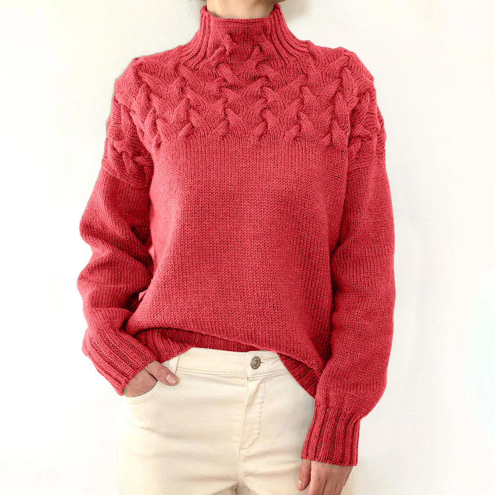 Brown Cable Knit High-Neck Jumper Light Red, studio photo