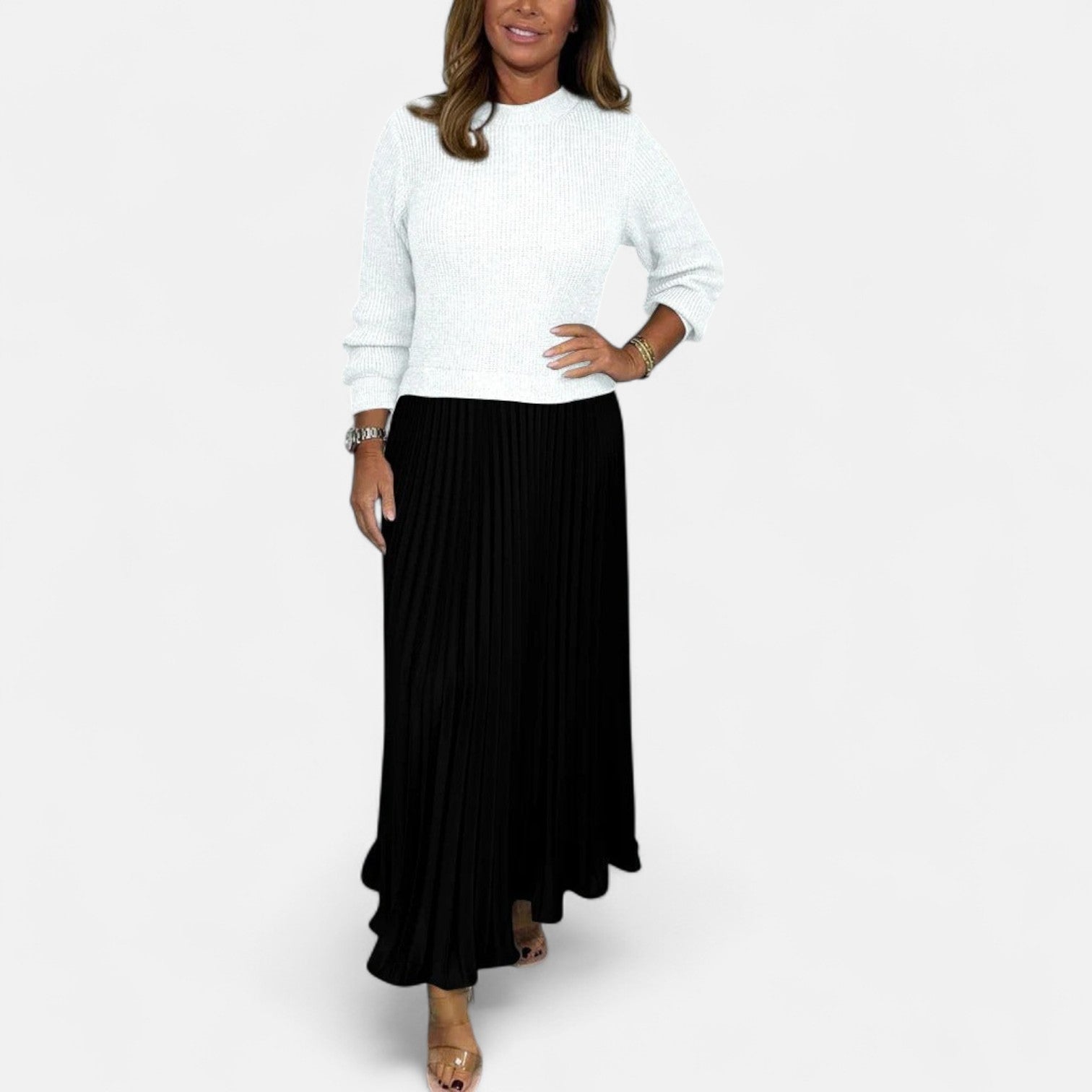 Scarlett | Long Jumper Dress with Pleated Skirt White/Black, studio photo