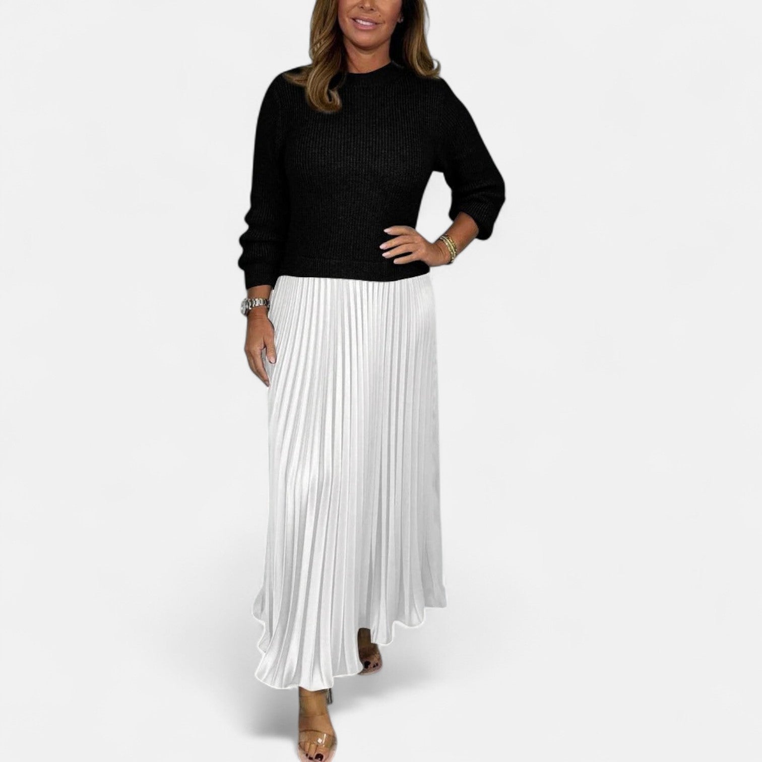 Scarlett | Long Jumper Dress with Pleated Skirt Black/White, studio photo