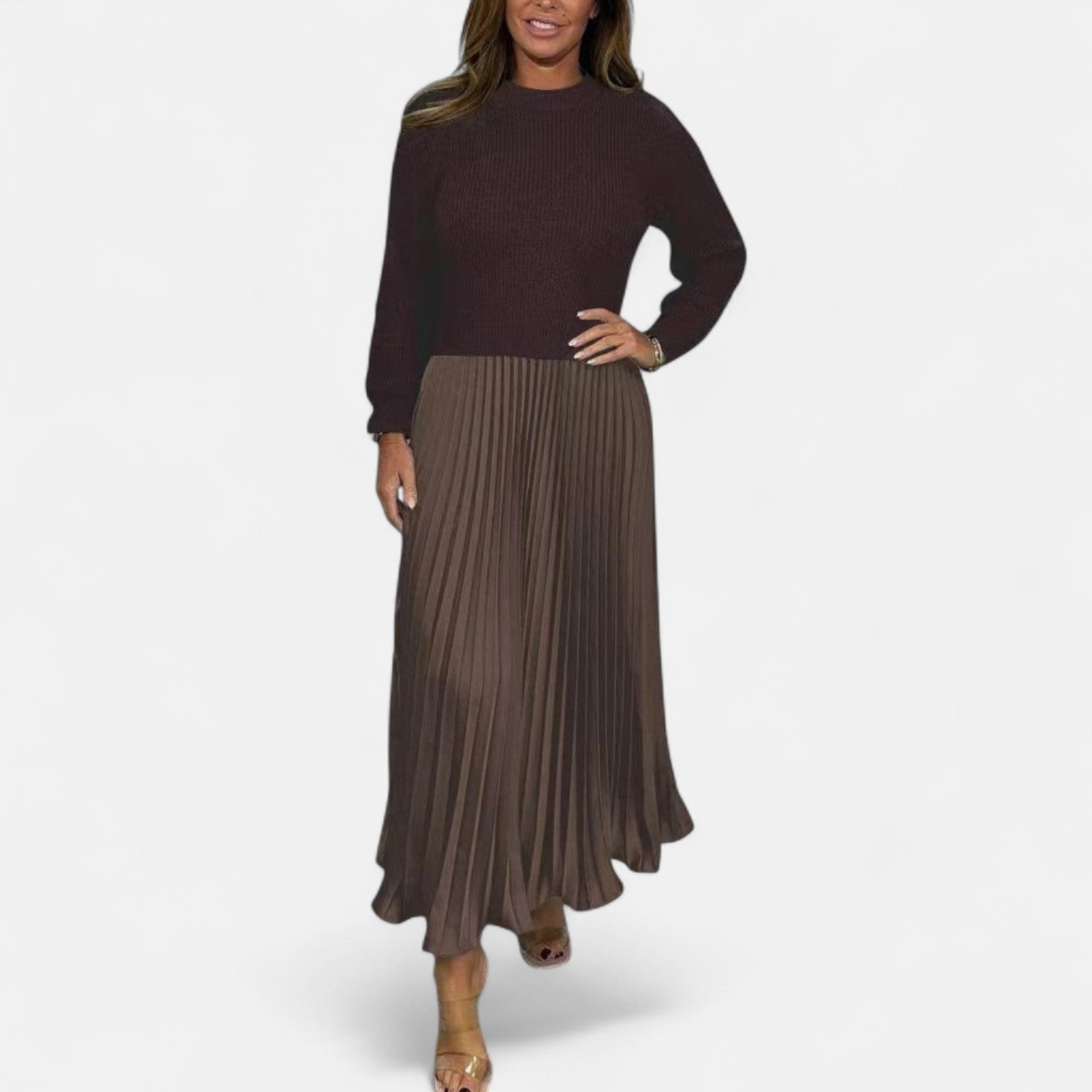 Scarlett | Long Jumper Dress with Pleated Skirt Brown/Coffee, studio photo