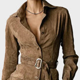 Long-Sleeve Suede Midi Dress with Tailored Collar
