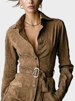 Long-Sleeve Suede Midi Dress with Tailored Collar