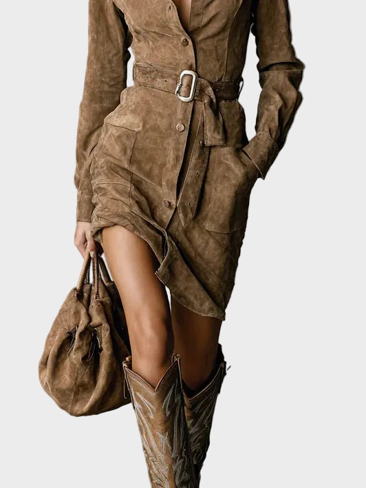 Long-Sleeve Suede Midi Dress with Tailored Collar