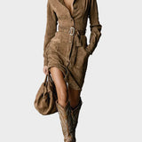 Long-Sleeve Suede Midi Dress with Tailored Collar