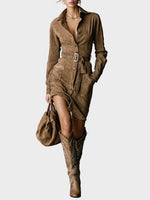 Long-Sleeve Suede Midi Dress with Tailored Collar