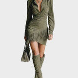 Green Viscose V-Neck Short Dress