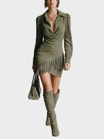 Green Viscose V-Neck Short Dress